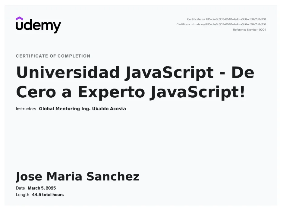 Imagen certificado de Udemy de Universidad JavaScript